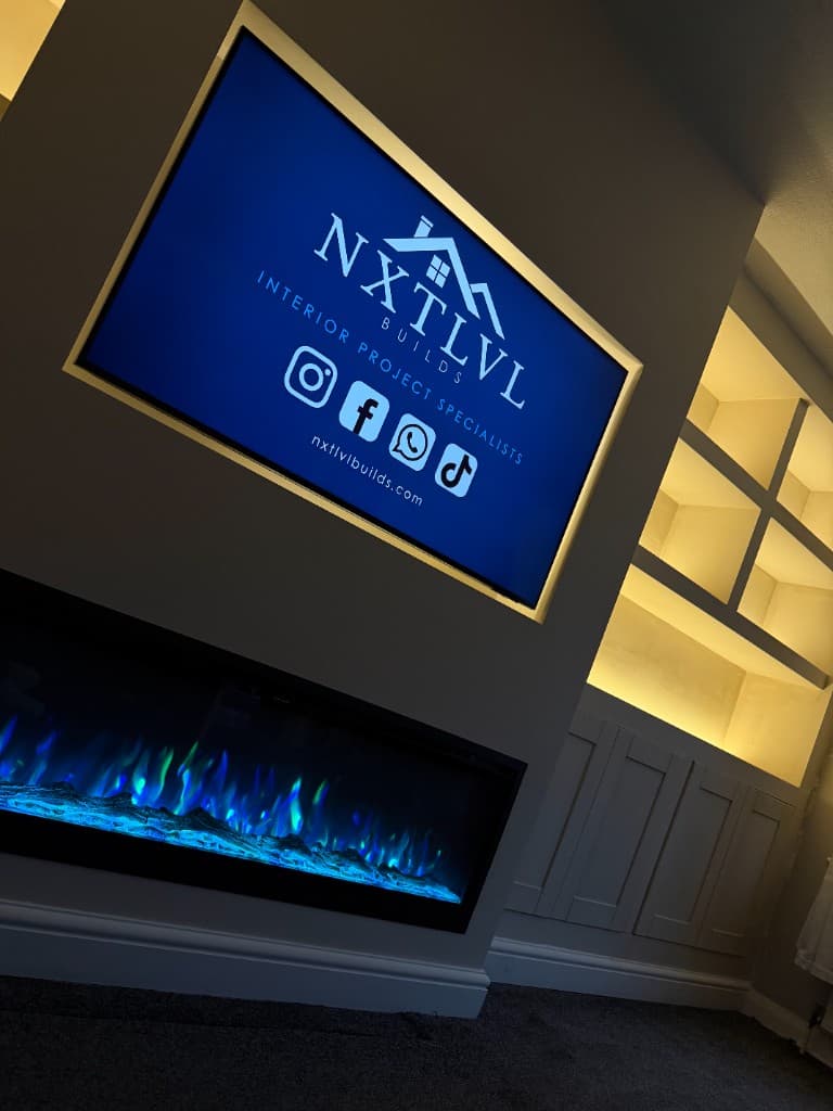 Full-width media wall with blue branding