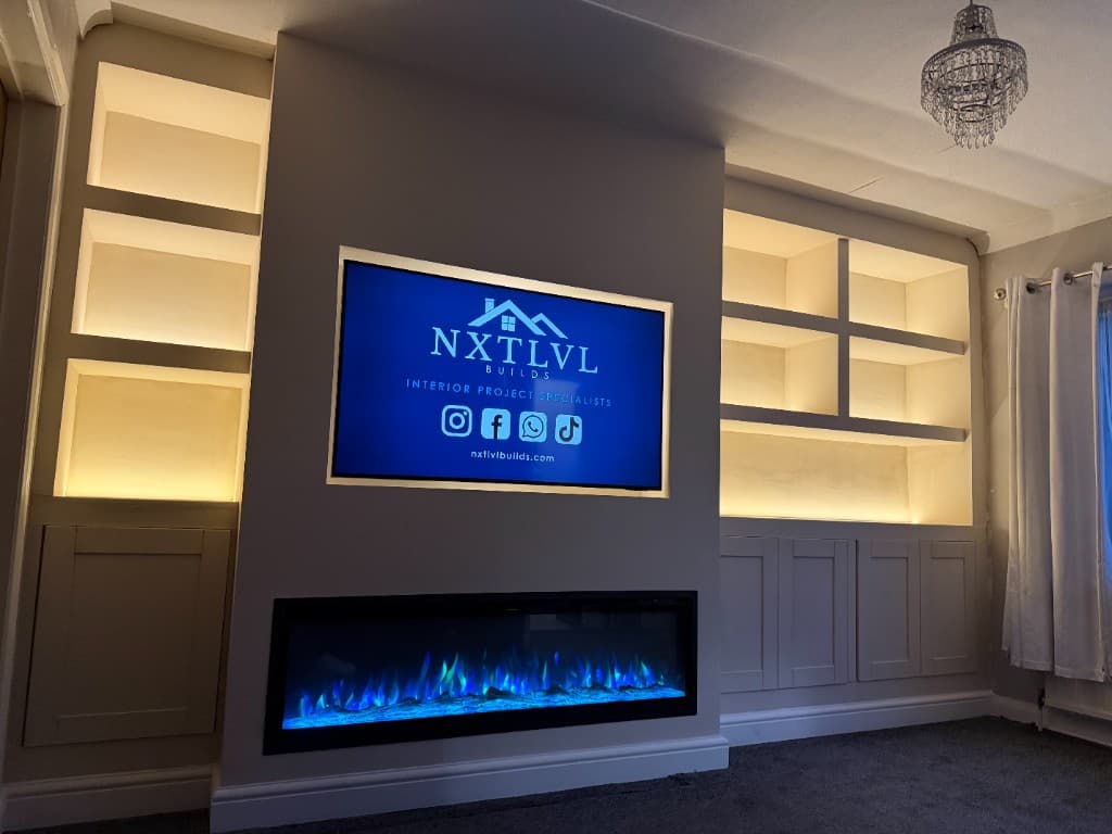 Modern media wall with chandelier and LED features
